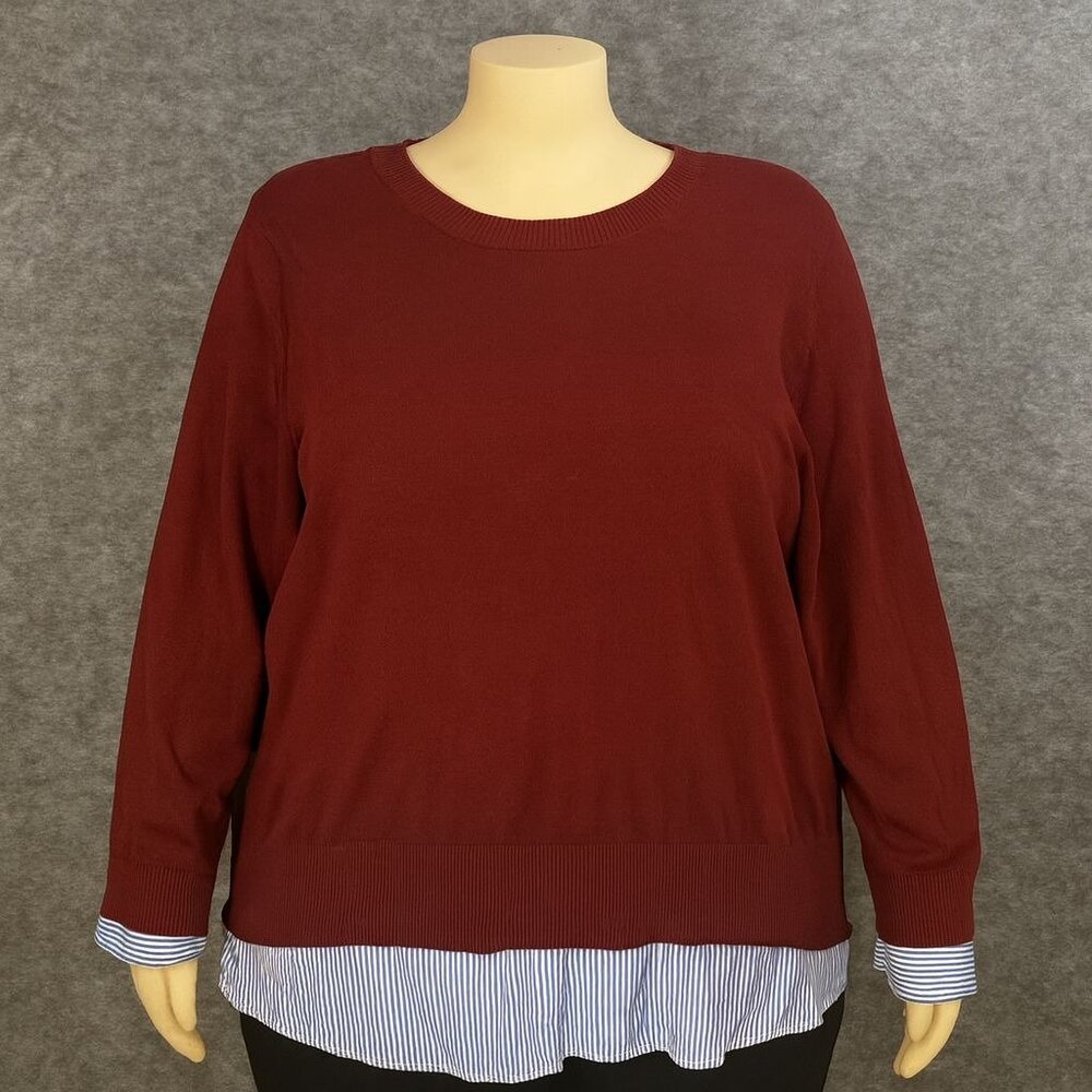 Croft & Barrow Womens Plus 3X Red Sweater Blue Stripe Faux shirt hem & cuffs‎